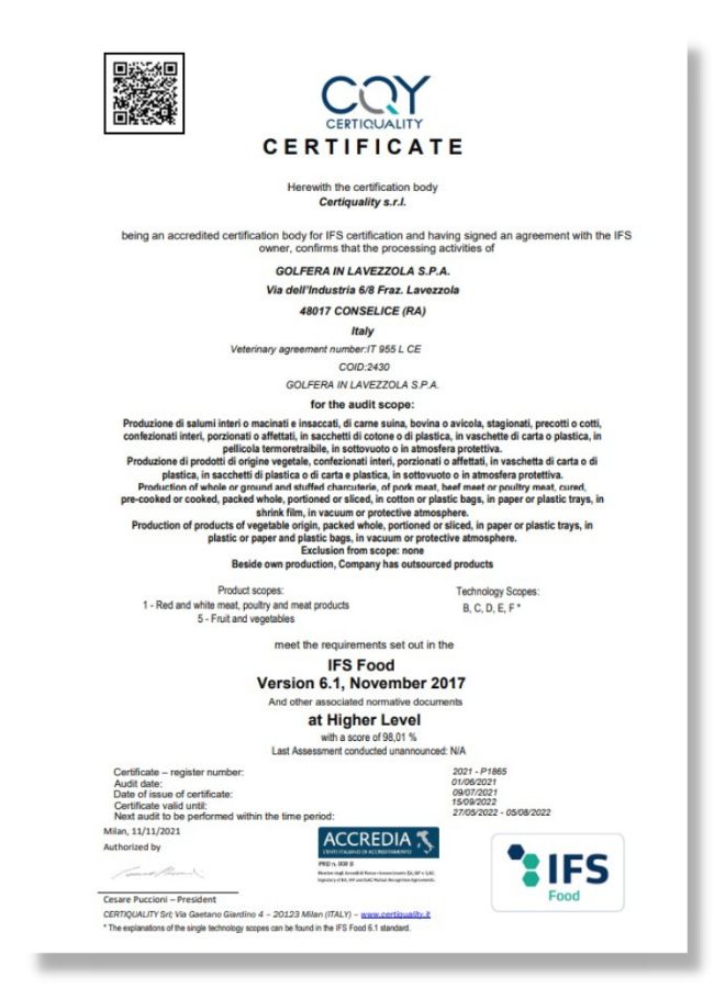 certificato BRC (Lavezzola)
