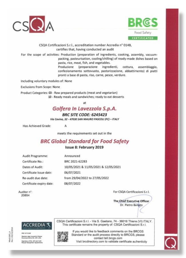 certificato BRC (San Mauro Pascoli)