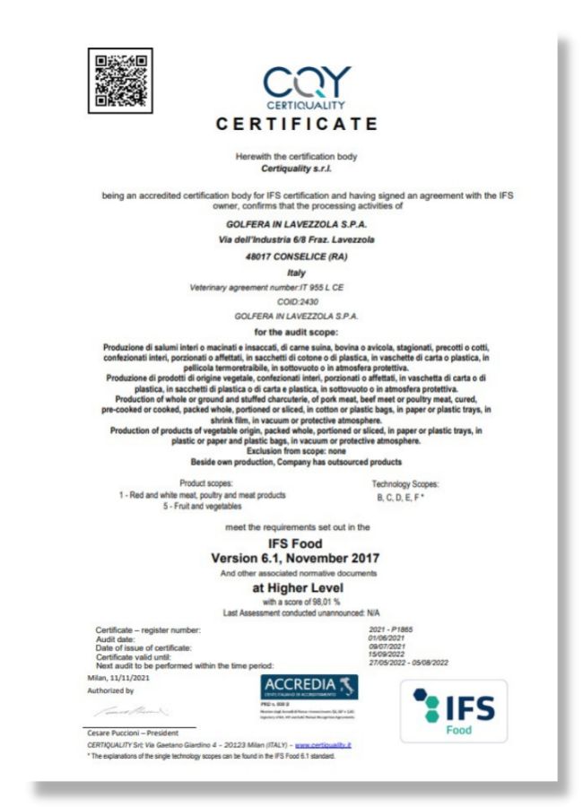 certificato IFS (Lavezzola)