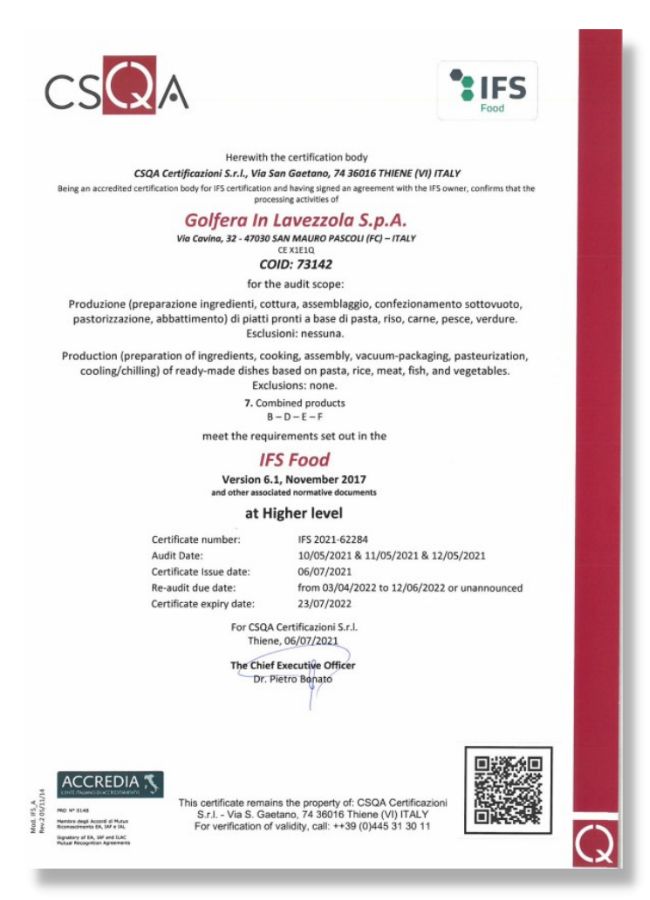 certificato IFS (San Mauro Pascoli)