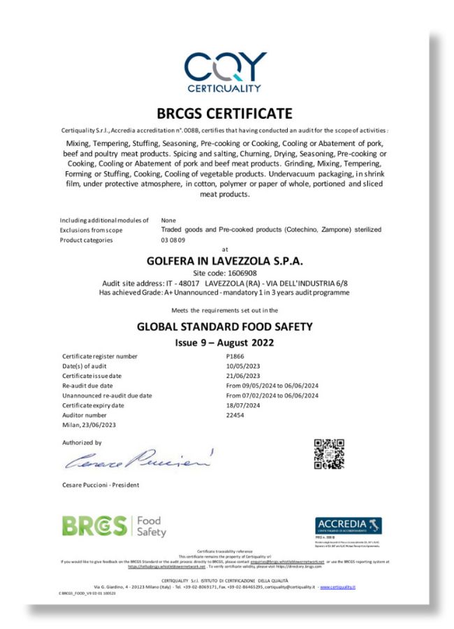 certificato BRC (Lavezzola)