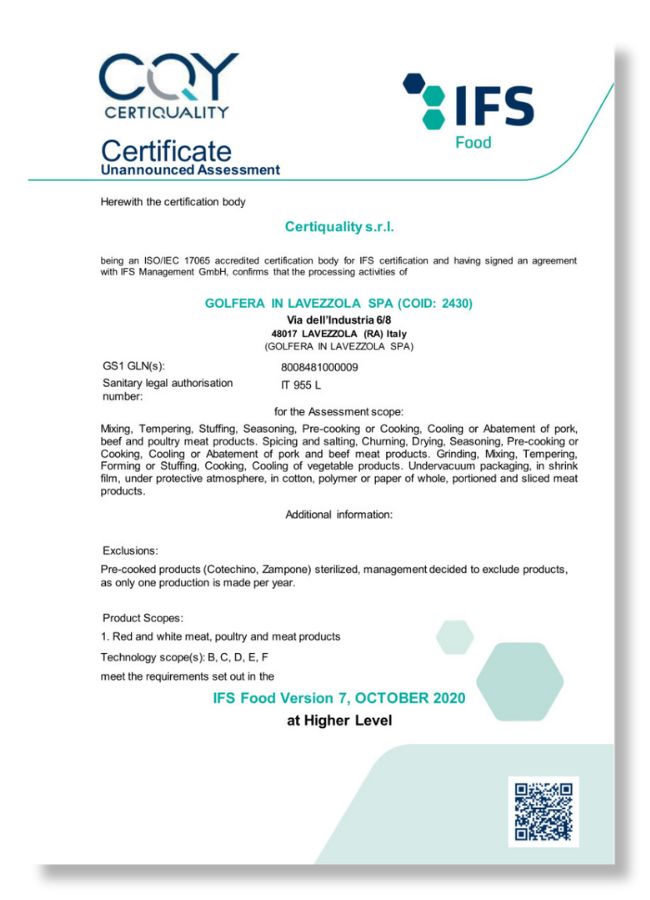 certificato IFS (Lavezzola)
