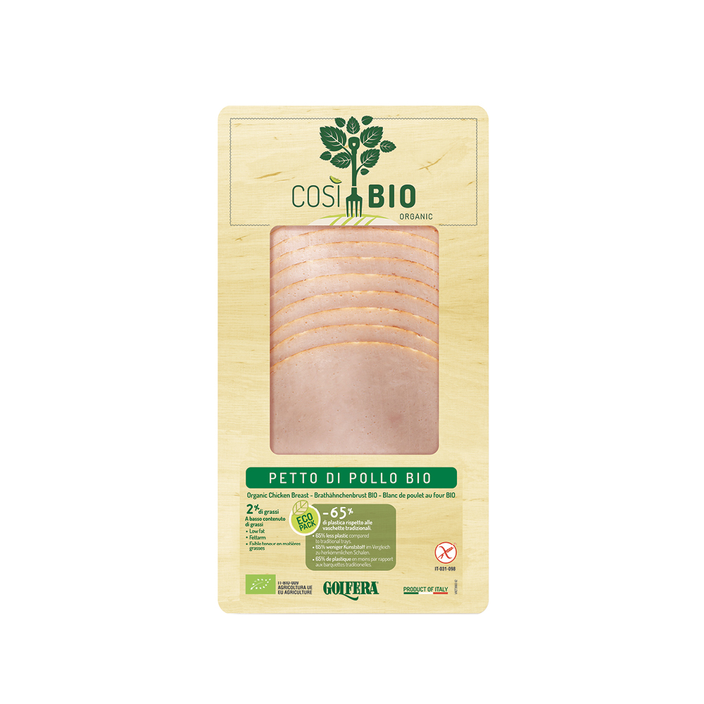 Pre-sliced specialities: Pre-sliced roasted chicken breast Così Bio 80 gr